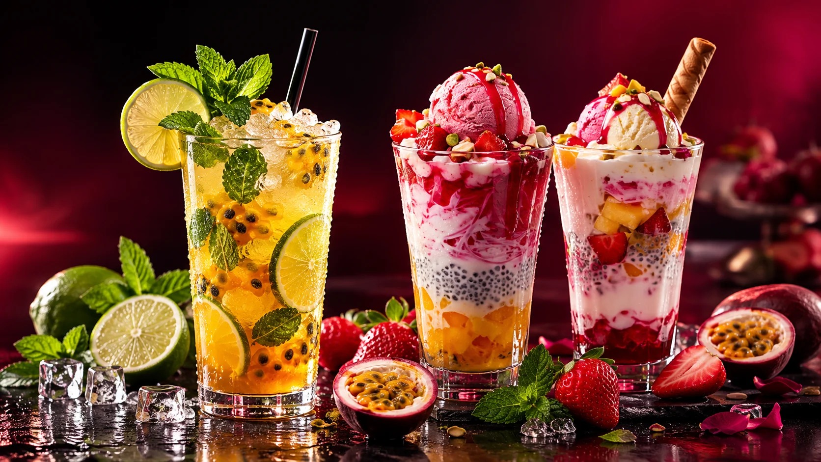 Colourful chilled drinks and layered falooda desserts