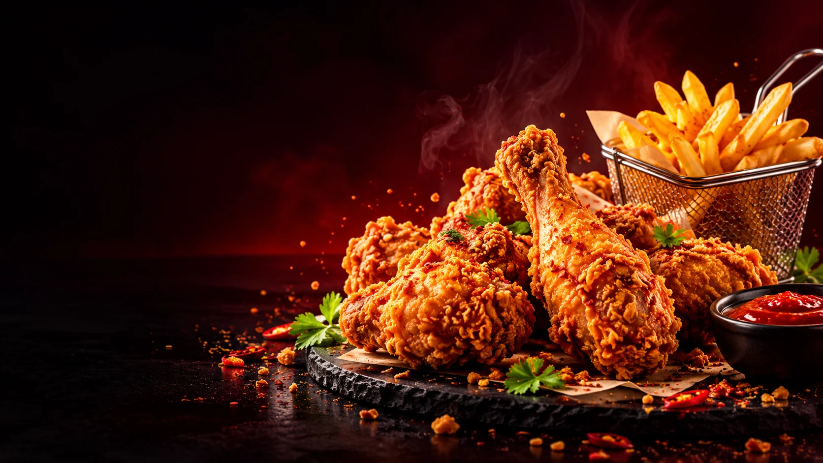 Crispy fried chicken and fries