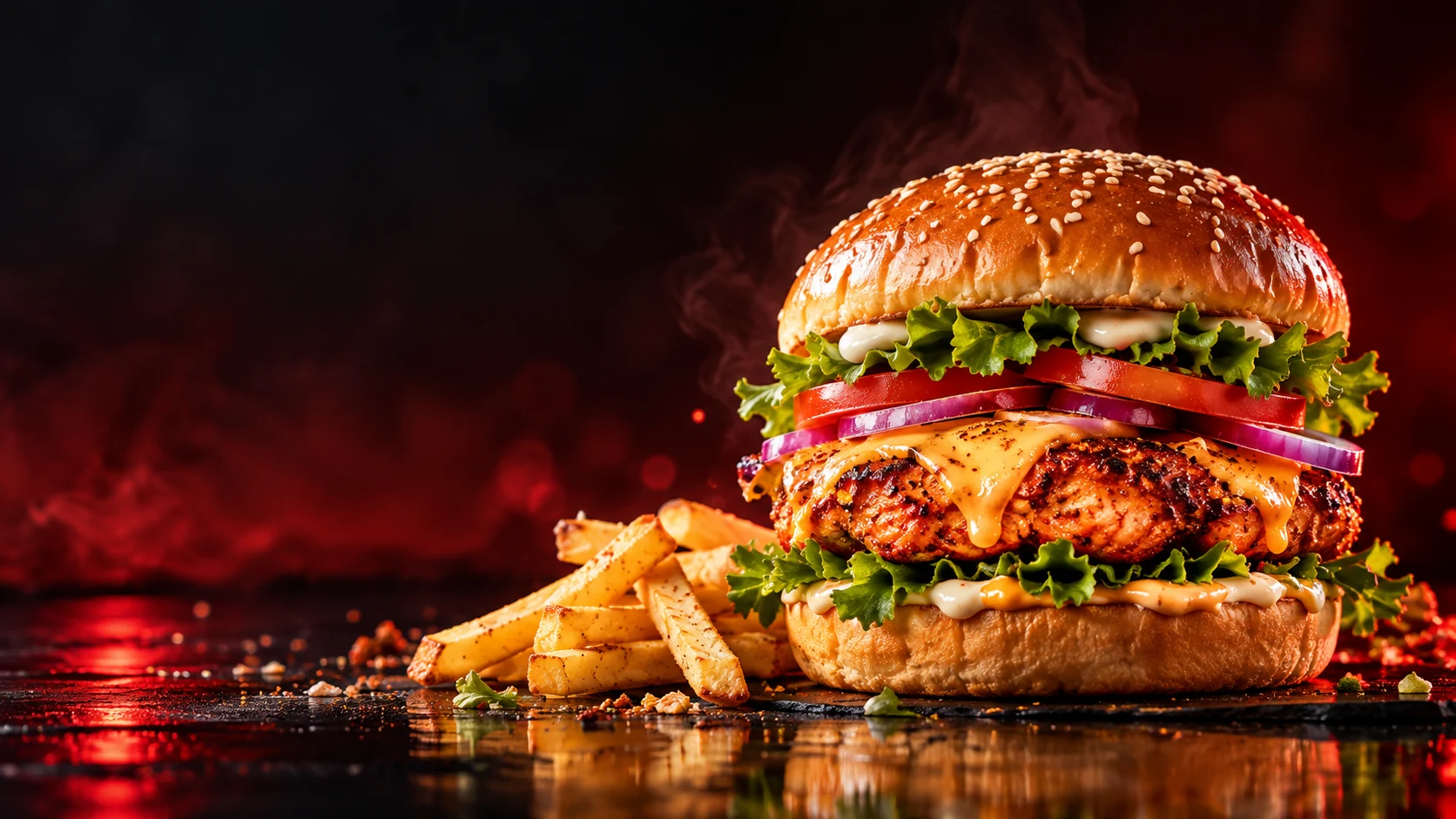 A juicy burger and fries in dramatic restaurant lighting
