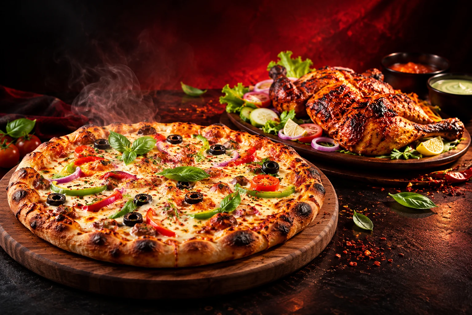 Freshly baked pizza and grilled chicken